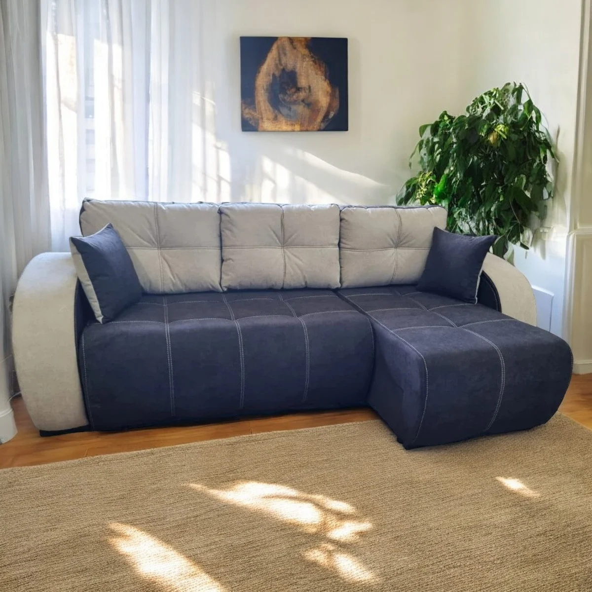 Coltar extensibil Madrid Tip 1, Albastru cu crem, cu lada depozitare, 2460 x 1500